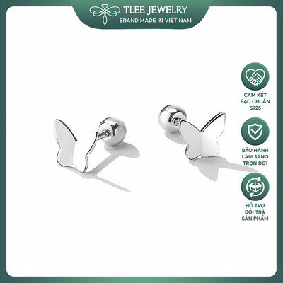 Khuyên tai bạc nữ TLEE cánh hồ điệp trơn chốt ren bi xinh xắn TLEEJEWELRY B0528