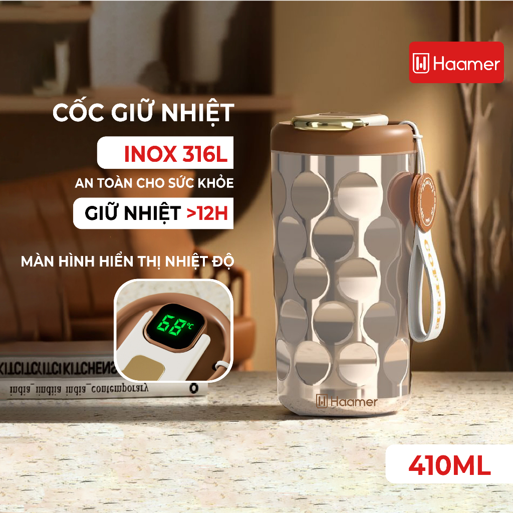 Cốc giữ nhiệt HAAMER Inox 316L, Màn hình Led hiển thị nhiệt độ An toàn thực phẩm, Ly giữ nhiệt lên t