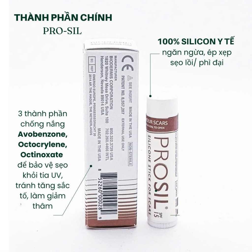 Kem sẹo ProSil Biodermis 100% Silicon Gel 4,25g USA/SPF15+ Giảm thâm sẹo Biodermis Dạng Thỏi Tiện Lợi
