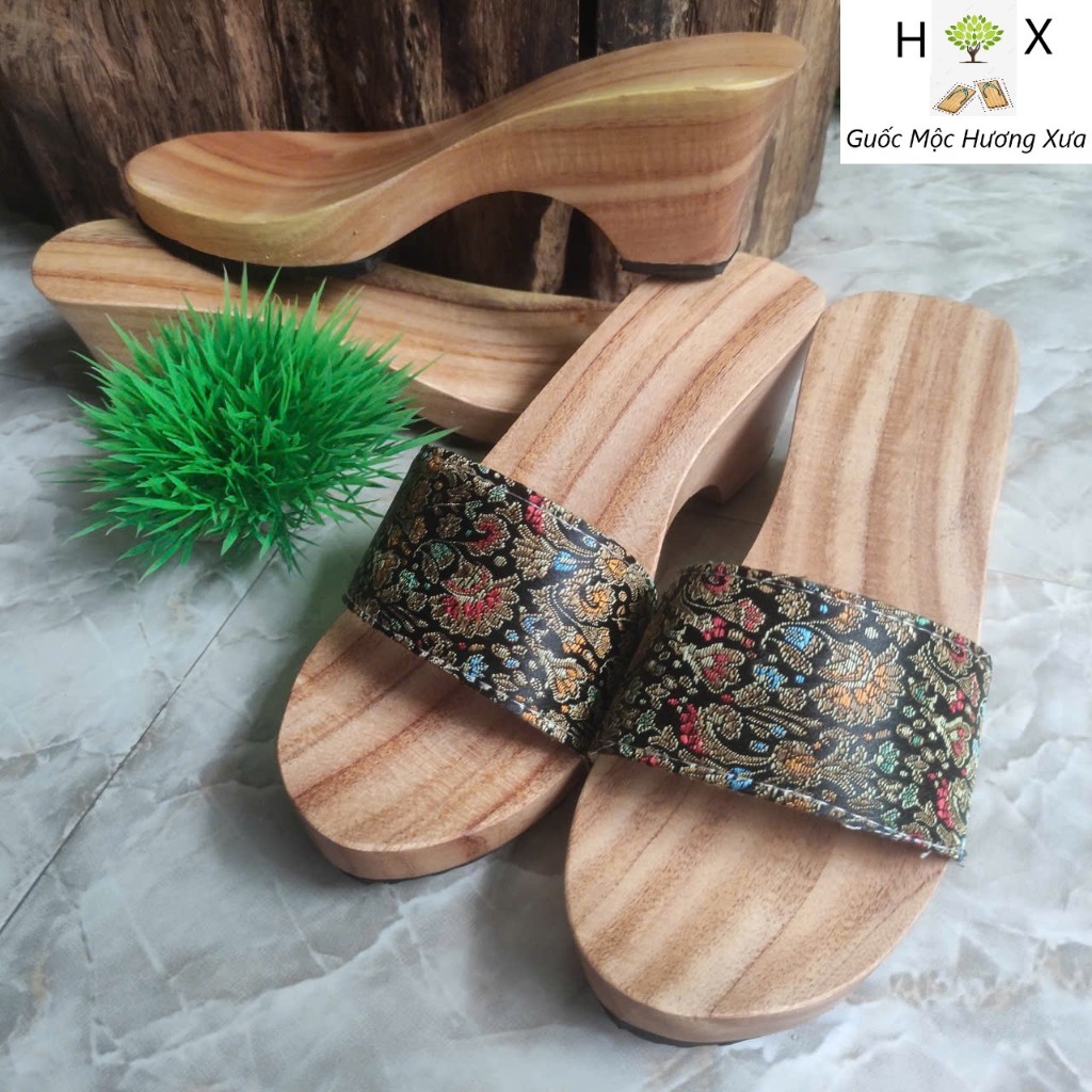 Guốc Gỗ Guốc Mộc Cao 7 Phân Đế Trụ Quai Gấm Lụa ( đế cao su 2 lớp )