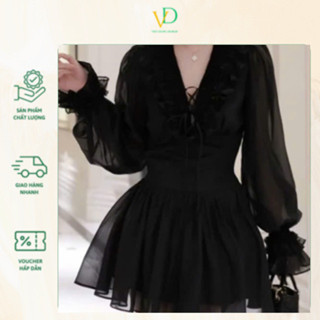 Váy tơ cổ V tay dài váy thiết kế nhún cổ tay dài bồng bềnh siêu xinh vd275