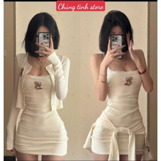 SÉT ĐẦM BODY HAI ĐÂY IN HÌNH GẤU KÈM ÁO KHOÁC DÀI TAY Nữ Women