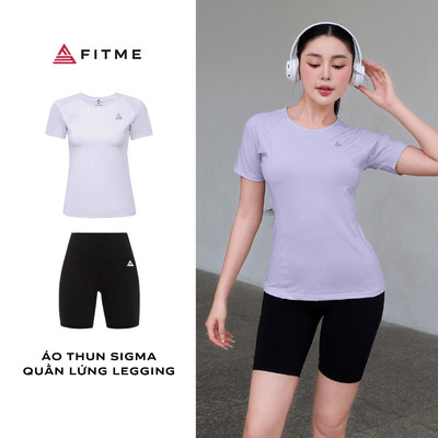 Bộ đồ tập gym yoga Fitme áo thun Sigma thoáng khí Tím Pastel, quần lửng legging Đen tôn dáng