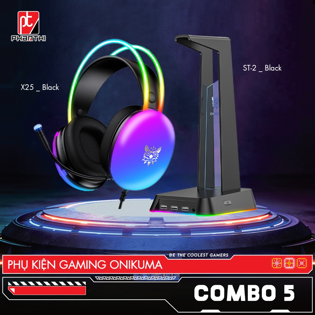 Combo Onikuma Gaming 5 (Tai Nghe X25 Black + Giá Đỡ ST-2 Black)
