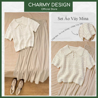 Set Áo Váy Nữ Mina Thiết Kế Áo Len Mỏng Kèm Chân Váy Xòe Vải Đũi, Set Đồ Nữ Style Hàn Quốc Sang Chảnh Charmy Design