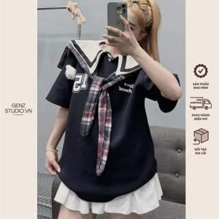 Áo Nữ, Áo Phông Thủy Thủ Phối Khăn Quàng Kẻ Sọc Chất Cotton Đính Gấu Siêu Cute