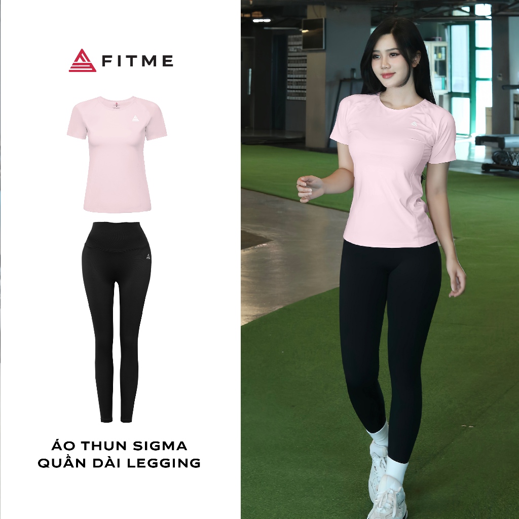 Bộ đồ tập gym yoga Fitme áo thun Sigma thoáng khí Hồng Pastel, quần dài legging Đen tôn dáng