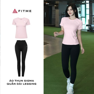 Bộ đồ tập gym yoga Fitme áo thun Sigma thoáng khí Hồng Pastel, quần dài legging Đen tôn dáng