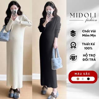 Váy Len Dáng Dài, Đầm Bầu Mùa Đông Cổ Tròn Chất Vải Co Giãn Ôm Body Dài Tay Thời Trang 2025 MADORA