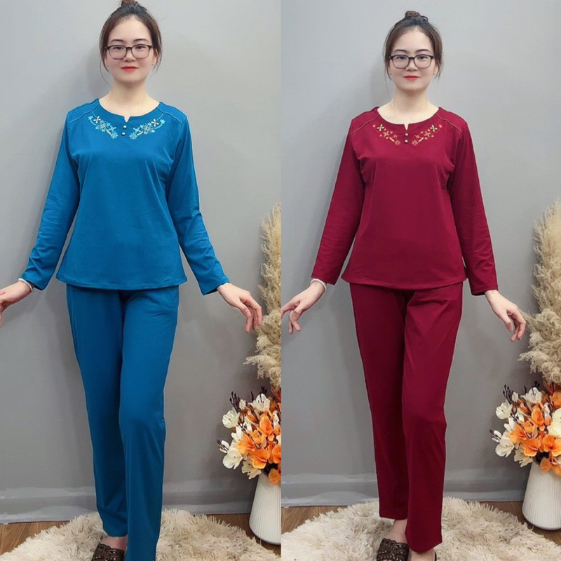 Quần áo trung niên nữ - đồ bộ trung niên thu đông nhà cao cấp cho mẹ, bà vải cotton dài tay