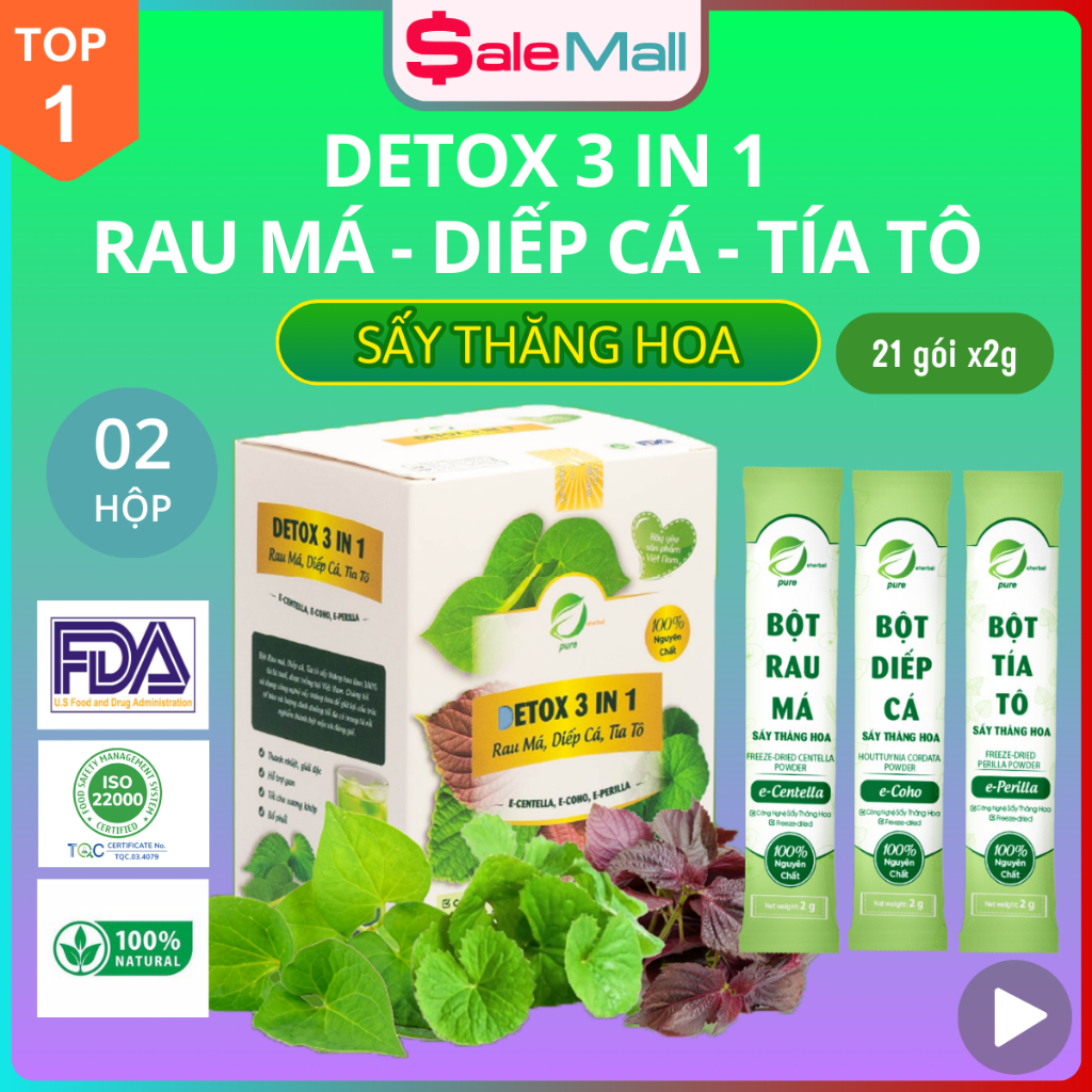 Combo 2 hộp Bột Detox 3 in 1 Rau má Diếp cá Tía tô chính hãng (42 gói)
