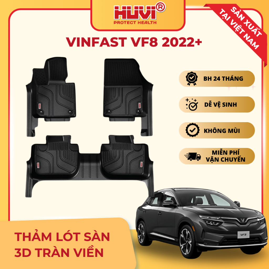 [CHÍNH HÃNG] Thảm lót sàn xe VINFAST VF8 2023 3D tràn viền nhựa TPE - HUVI Việt Nam