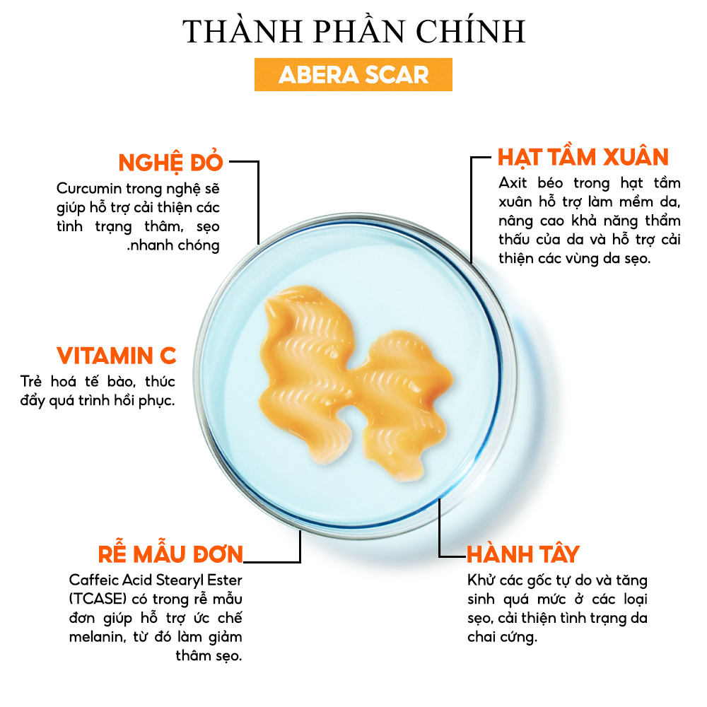 Kem Mờ Sẹo Nghệ Đỏ Scar Abera - Giúp Liền Sẹo Rỗ, Sẹo Lồi, Sẹo Lõm, Sẹo Sau Sai Nạn, Sẹo Bỏng ĐHBK Hà Nội Nghiên Cứu