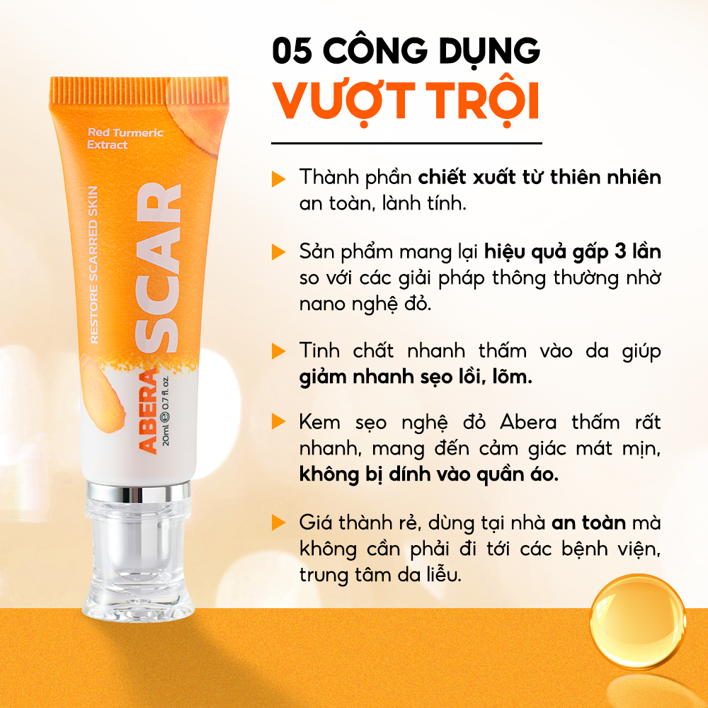 Kem Mờ Sẹo Nghệ Đỏ Scar Abera - Giúp Liền Sẹo Rỗ, Sẹo Lồi, Sẹo Lõm, Sẹo Sau Sai Nạn, Sẹo Bỏng ĐHBK Hà Nội Nghiên Cứu