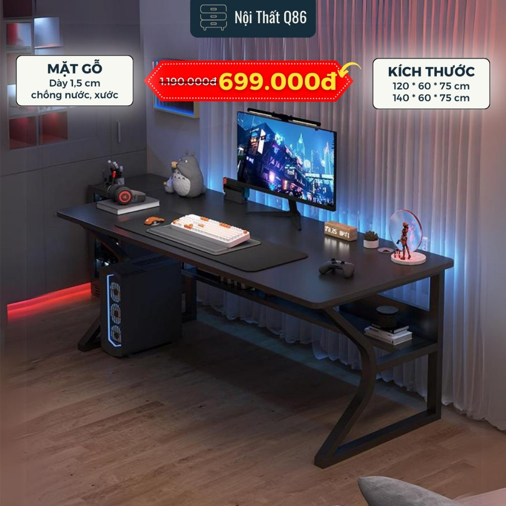 Bàn gaming làm việc tại nhà văn phòng kèm kệ lửng NỘI THẤT Q86 mặt gỗ 1m2, 1m4 chân sắt 4x4cm sơn tĩnh điện