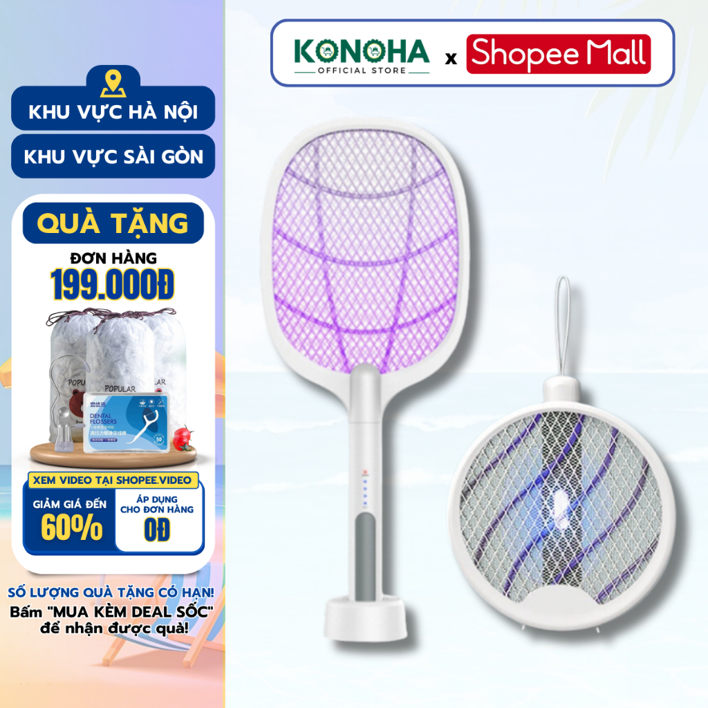 Vợt Bắt Muỗi KONOHA, Máy Bắt Côn Trùng 2in1 Kiêm Đèn Ngủ Ánh Sáng Xanh Thu Hút Muỗi Sạc Pin Cách Điện, Bảo Hành 12 Tháng