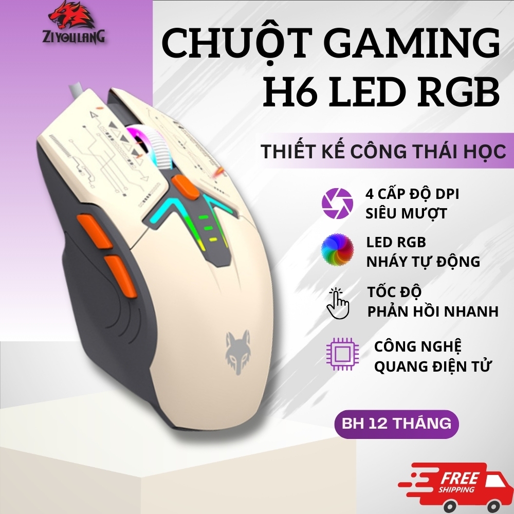 Chuột Máy Tính Gaming Ziyoulang H6 LED RGB Tự Động, Tốc Độ Phản Hồi Siều Nhanh, 6 Nút Chức Năng