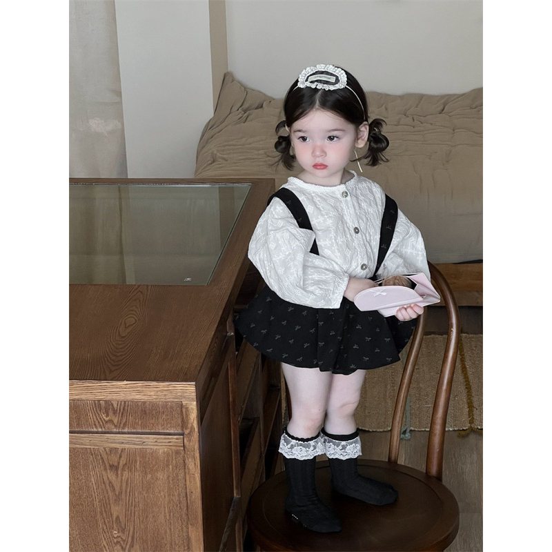    SẴN   Set Áo Dài Tay Cổ Tròn Cài Cúc+ Yếm Váy Ngắn Dáng Xoè Dành Cho Bé Gái Phong Cách Hàn Quốc 