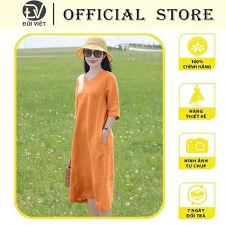 Đầm suông linen tay lỡ, cổ tim, đai thắt eo rời (Cam đất)