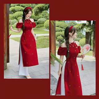  Set bộ áo dài thời trang nữ chất nhung cổ tròn đính hạt tay ngắn xẻ lai đính cườm quần lưng thun ống rộng dài maxi QC🌹� 