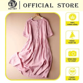 Đầm linen suông nữ cổ tròn cài cúc ngắn tay, form rộng che khuyết điểm