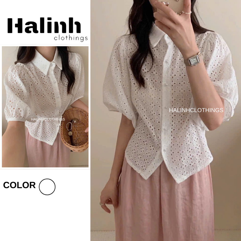 Áo sơ mi thô boi cúc ngọc dáng vừa tay bồng có dây buộc- Halinh- M230