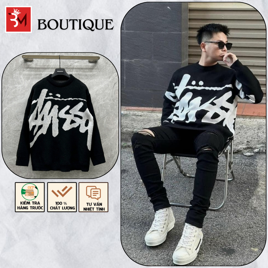 Áo Len Nam Stussy Phối Chữ Hoạ Tiết Đen Trắng - Áo Len Nam Nữ Sờ Tu Sy Chất Len Dệt Cao Cấp AL006