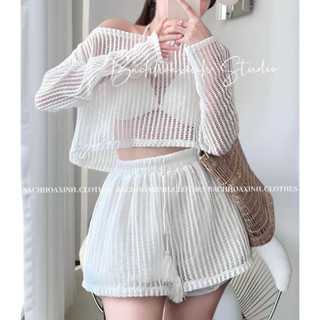 Set bộ đùi 3 món bara có mút len ren áo tay dài hở eo kiểu dáng sexy quyến rũ xinh xắn đi biển  💃💃 👗 👗 👗