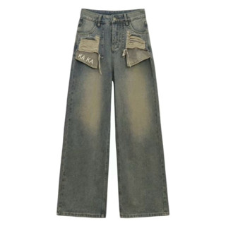 Quần Bò Jeans Nữ Ống Rộng Phối Túi Thêu Chữ KAKA, Quần Bò Denim Ống Rộng Suông Cạp Cao Hách Dáng jean