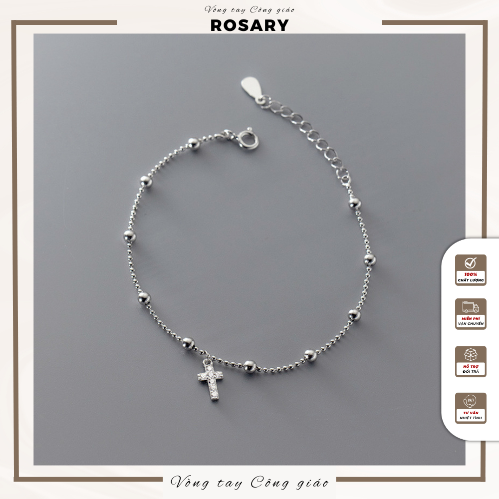 Lắc Tay Mân Côi Bạc Ý S925 Nữ Mặt Thánh Giá Đính Đá Cao Cấp - Trang Sức Công Giáo Sang Trọng LB01