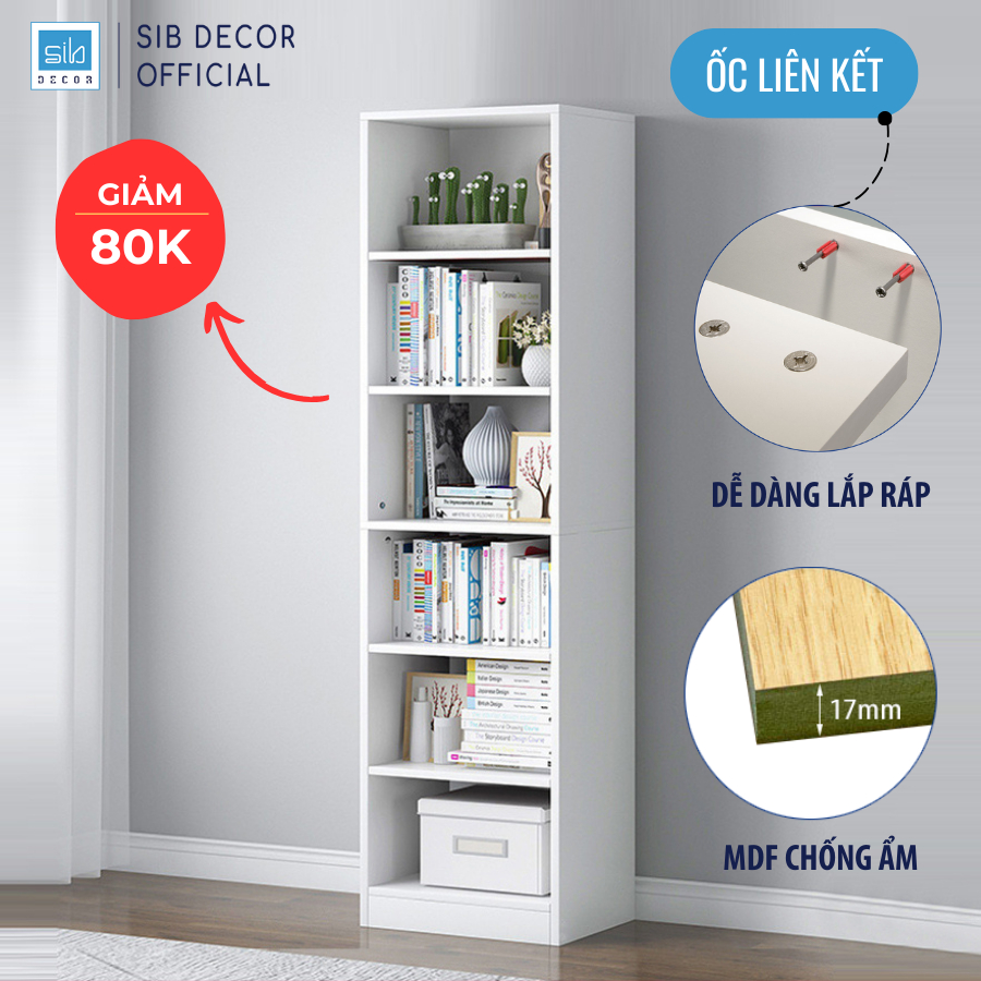 Kệ Sách Để Sàn Gỗ Chống Ẩm, Giá Để Sách Đứng Dài 40cm, Cao 178cm, Rộng 24cm 6 Tầng SIB Decor KSG01