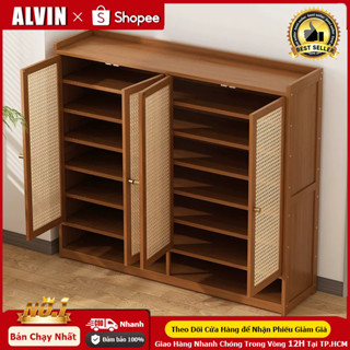 tủ giày bằng vật liệu mây 4 cửa+16 tầng phong cách Nhật Bản Đơn giản chống bụi tủ giày mây tre đan