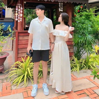 <hình thật>😍 Set couple đồ đôi trắng kem bẹt vai vintage