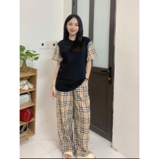   BBR003  Bộ quần áo unisex nam nữ BBR áo phông form rộng tay lỡ phối tay kẻ mix quần ca rô SUÔNG dài 