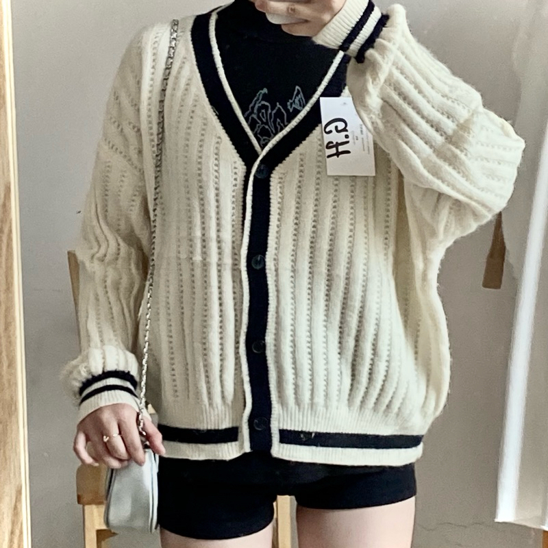 Áo Len Cardigan Korea Unisex Màu Kem  QC Korea Woman Clothing