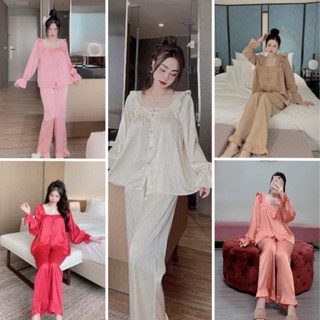 Set Đồ Bộ Cổ Vuông Lụa Kate Tay Dài Quần Dài Chất Siêu Thoáng Mát Giá Siêu Rẻ Pyjama Đồ Ngủ Nữ Mặc Nhà Cao Cấp