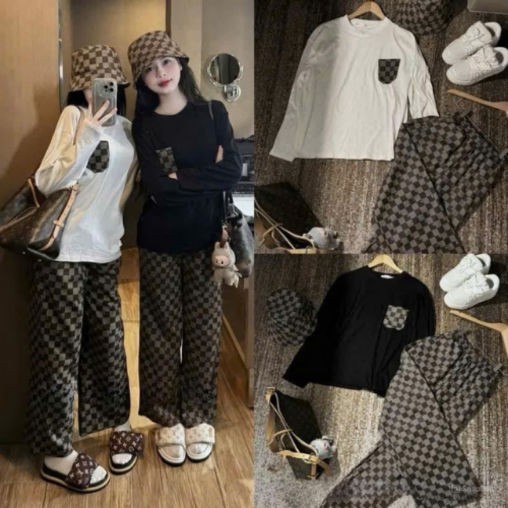 Bộ quần áo thu đông nữ LV, áo thun dài tay phối túi ngực mix quần kẻ ca rô suông dài