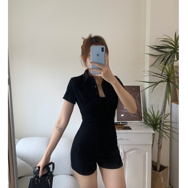 Jumpsuit nữ tay ngắn cổ polo, bộ áo liền thân nữ jum tay ngắn năng động chất dày dặn. | BigBuy360 - bigbuy360.vn