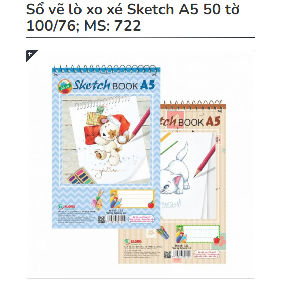 KLONG - Sổ vẽ lò xo xé Sketch A5 50 tờ 100/76; MS: 722 ♥ phù hợp học sinh, sinh viên vẽ, viết, quà t