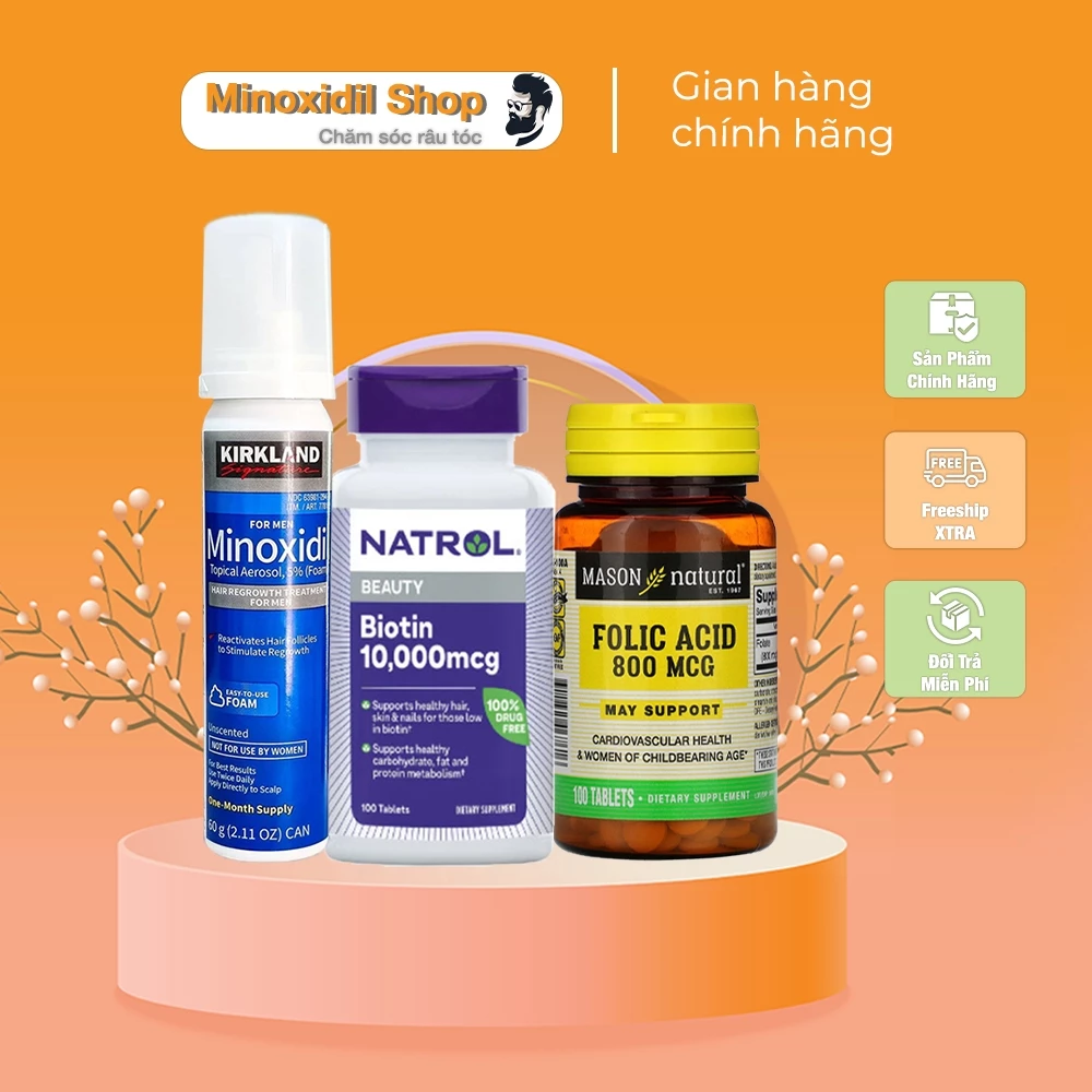 Minoxidil 5% Dạng Bọt Mọc Râu Tóc Combo Biotin Folic