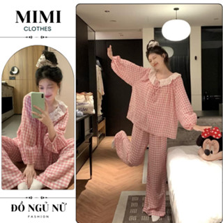 Đồ ngủ nữ pijama bộ mặc nhà dài tay kẻ caro cổ tròn chất đũi lụa siêu xinh MIMI CLOTHES hcom3122