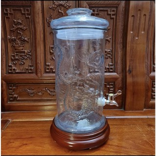 Bình ngâm rượu thủy tinh 19 lít dáng trụ có hoa văn rồng - có van