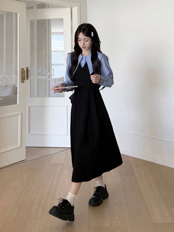 Đầm tiểu thư dáng dài cổ xanh bản to phong cách Hàn Quốc phiên bản mùa thu hè