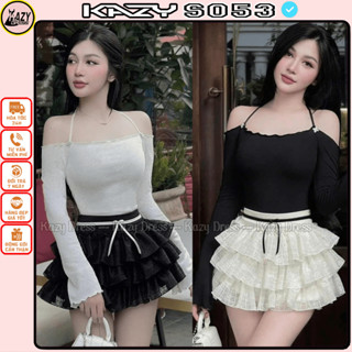  Set áo len giấy trễ vai tay dài có dây vai mix chân váy voan tầng  set đồ nữ sang chảnh có charm đá rời S053a KAZYDRESS 