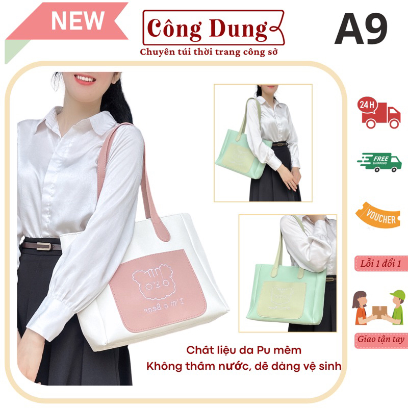 Mã A9 túi xách tote da Pu size 32 thêu gấu dễ thương 3 ngăn( Ảnh thật)