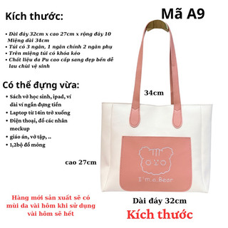 Mã A9 túi xách tote da Pu size 32 thêu gấu dễ thương 3 ngăn( Ảnh thật)