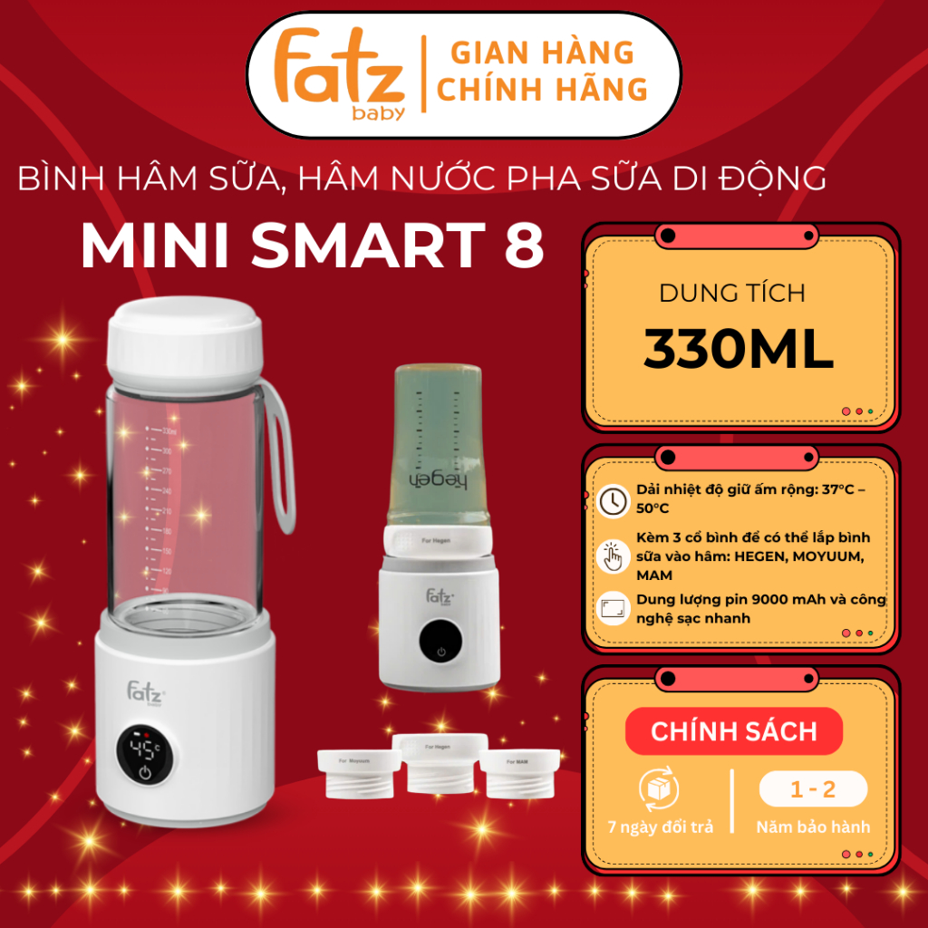 Máy Hâm Sữa, Hâm Nước Cầm Tay Fatzbaby Mini Smart 8 Dung Lượng Pin Lớn 9000 Mah, Sạc Pin Siêu Nhanh, Nhiệt Độ Từ 37 - 50 Độ