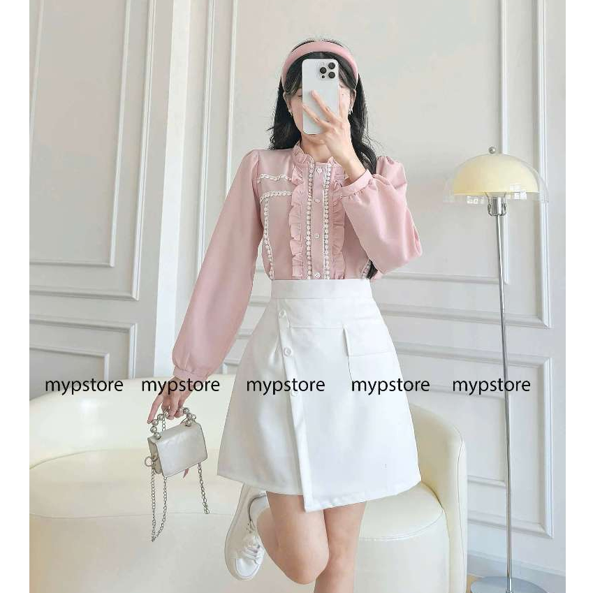 Áo trụ bèo cổ cao chạy viền ren tay phồng dài Mypstore