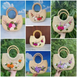  Túi lục bình bầu hoa thêu ruy băng túi cói đi hơi đi biển chụp hình. túi xách tay nữ size 25 kho sỉ túi cói 