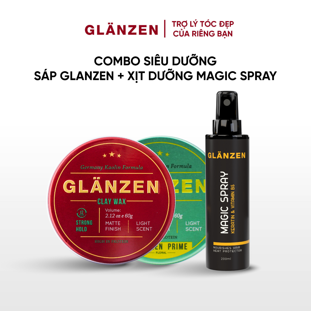 Combo sáp vuốt tóc Glanzen Clay Wax và xịt dưỡng tóc nam Glanzen Magic Spray